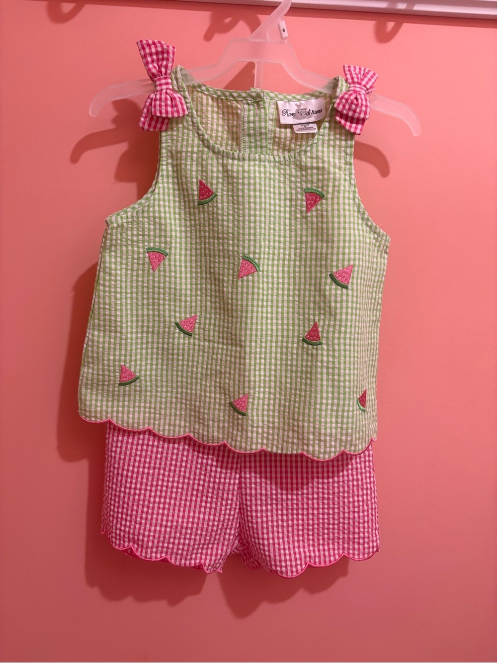 Green & Pink Seersucker Gingham Watermelon 2 piece shorts Set for Kids Size 6X